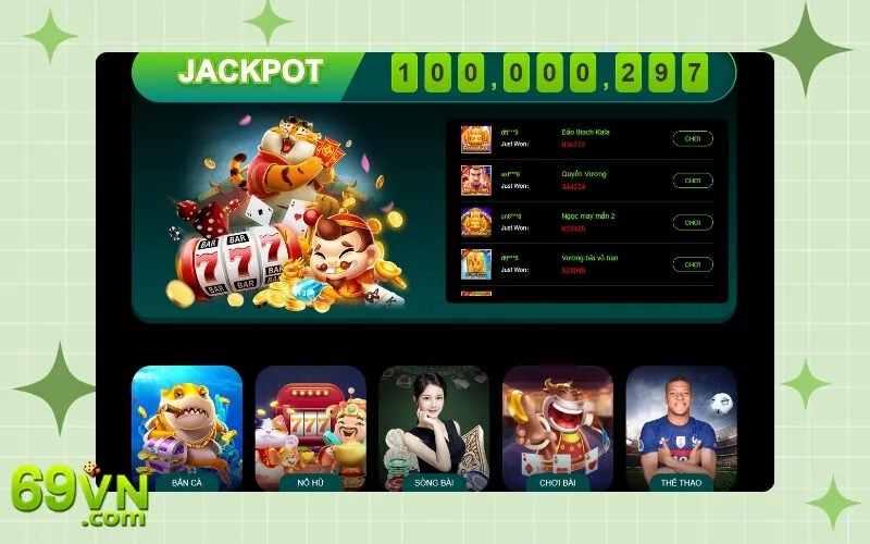 Giao diện chính trang chủ 69VN với các game nổi bật